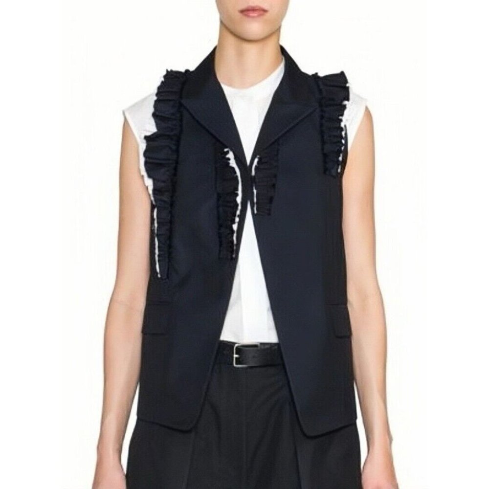 Jil Sander Ruffles Black Vest Tops Woman 100% Wool Silk Size 38 Rare